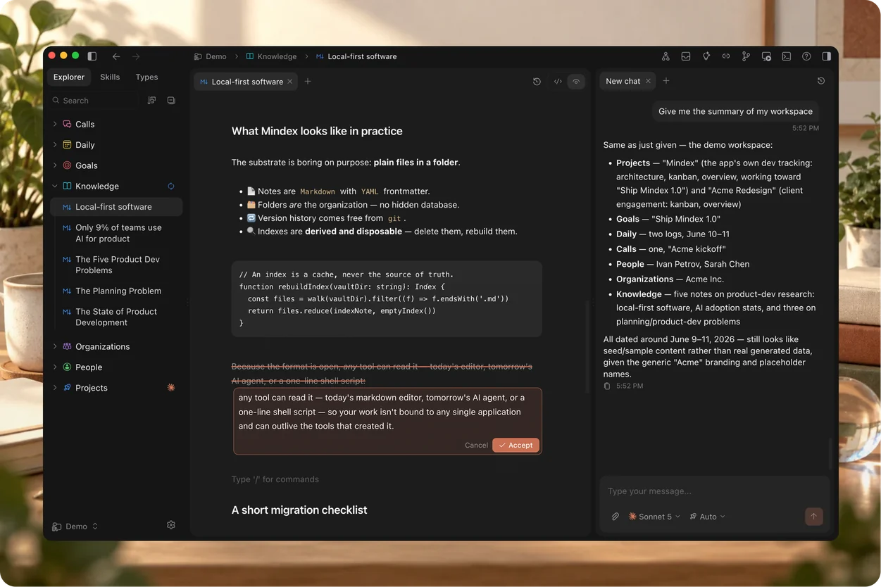 Mindex workspace with linked Markdown knowledge and an AI chat alongside